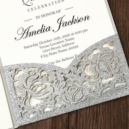 DORIS HOME 50pcs Laser Cut Quinceanera Invitation Pockets with Envelopes Silver Glitter, 5.12" x 7.12"Invitation Cards for Birthday, Miss 15, Sweet 16 (No Inserts Included)