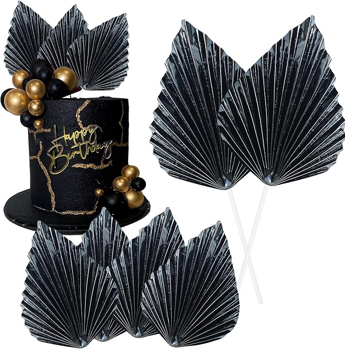Gyufise 6Pcs Paper Palm Fan Cake Toppers Palm Spear Leaves Fan Cupcake Toppers Cake Insert Decorations Craft DIY Cake Bakeware Decoration for Birthday Party Wedding Party Decor Supplies Light Black