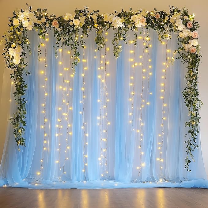 Fomcet Baby Blue Tulle Backdrop Curtains with Lights String 10FT X 8FT Sheer Curtain with Lights Tulle Curtains Backdrop for Wedding Birthday Party Photo Shoot (2 Panels 5x8FT)