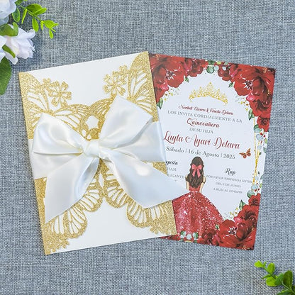 20 PCS 5.12x7.2 Butterfly Quinceanera Invitation, Laser Cut Wedding Invitation Cards with Envelopes for XV Anos Bridal Shower Baby Shower Invite (Gold Glitter)