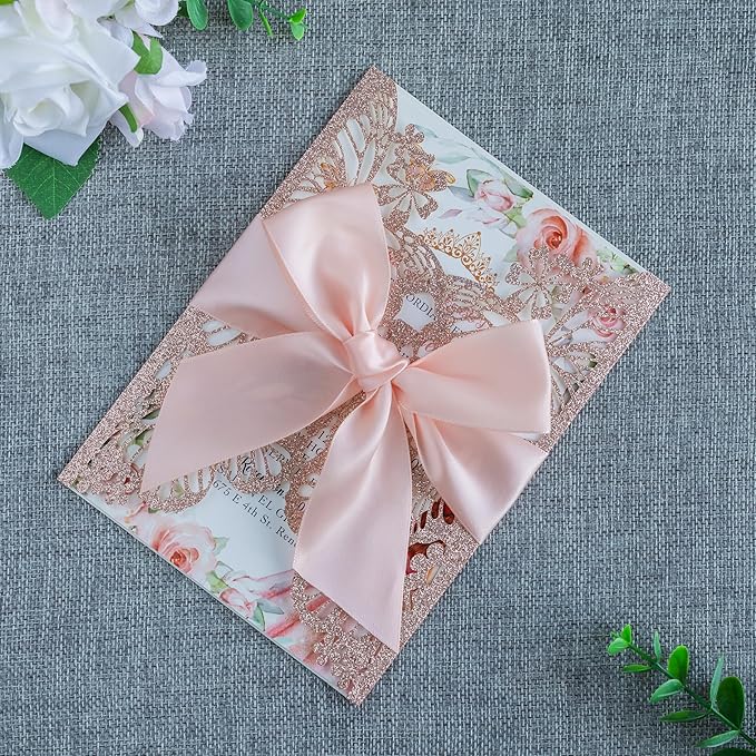 20 PCS 5.12x7.2 Butterfly Personalized Quinceanera Invitation, Customized XV Anos Laser Cut Invitation Cards with Envelopes (Rose Gold Personalized)
