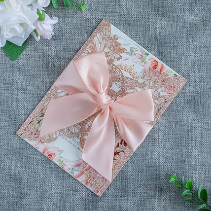20 PCS 5.12x7.2 Butterfly Personalized Quinceanera Invitation, Customized XV Anos Laser Cut Invitation Cards with Envelopes (Rose Gold Personalized)