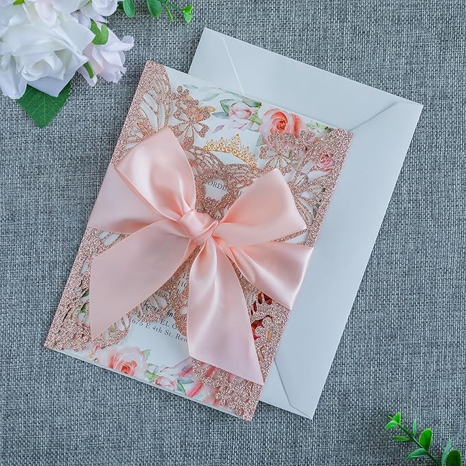 20 PCS 5.12x7.2 Butterfly Quinceanera Invitation, Laser Cut Wedding Invitation Cards with Envelopes for XV Anos Bridal Shower Baby Shower Invite (Rose Gold Glitter)
