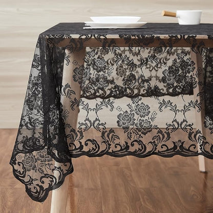LinenZone Square Black Tablecloth for Rustic Vintage Decor. Sheer Lace Table Cloth Works Great As Wedding Tablecloth or Thanksgiving Table Cover. (Mia TC 60 x 60, Black)