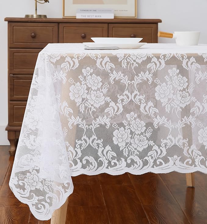 LinenZone White Rectangle Tablecloth for Rustic Vintage Decor. Sheer Lace Tablecloth Works Great for Wedding, Thanksgiving or Christmas Party (Mia TC 54 x 72, White)