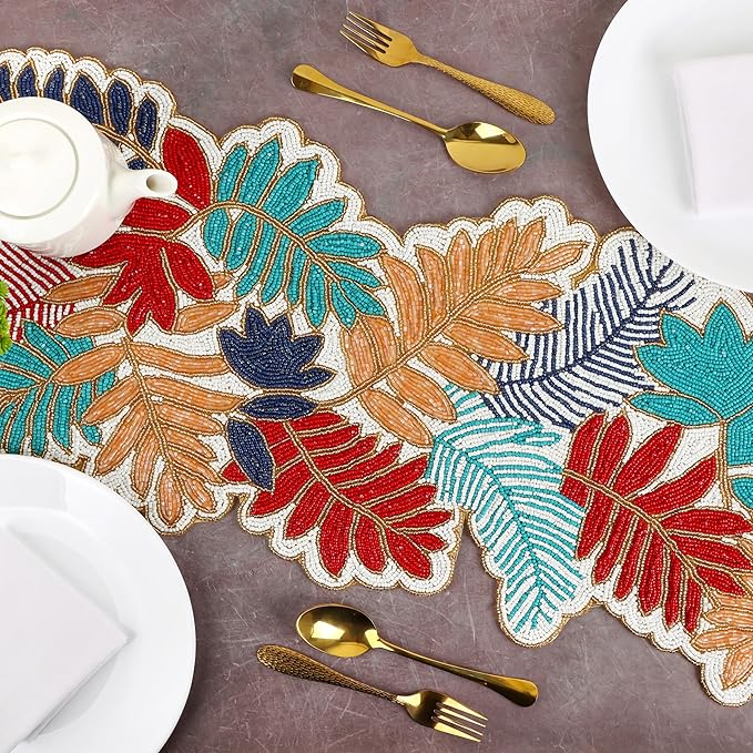 Beaded Table Runner 13x36 - Handmade Leaf Design, Glass Beads & Polyester Backing - Decorative Dining Table Centerpiece for Weddings, Parties, Thanksgiving, Christmas & Everyday Décor - CLEENTABLE