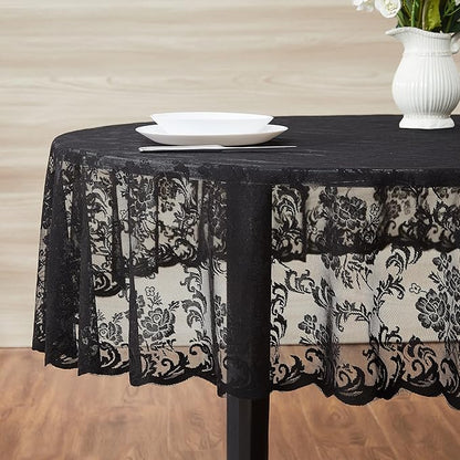 LinenZone Black Round Tablecloth for Rustic Vintage Decor. Sheer Lace Table Cloth Works Great As Wedding Tablecloth or Thanksgiving Table Cover. (Mia 60 Round, Black)