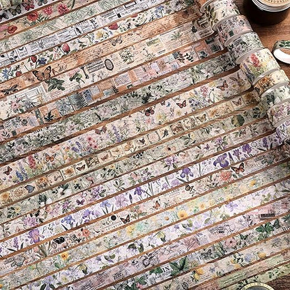 42 Rolls Vintage Washi Tape Set, Delicate Butterfly & Lush Floral Botanical Themed Writable Decorative Tapes with Retro Elements for Scrapbooking, Junk Journal Supplies, Bullet Journaling 5-25mm Wide