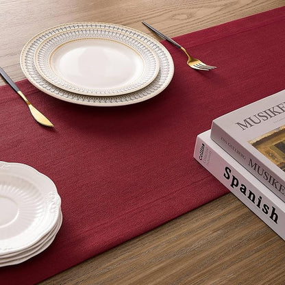 ZeeMart Linen Textured Border Table Runner, 14 x 48 Inch Red, Farmhouse Style Red Table Runners 48 Inches Long, Easy Care Everyday Polyester Table Runner