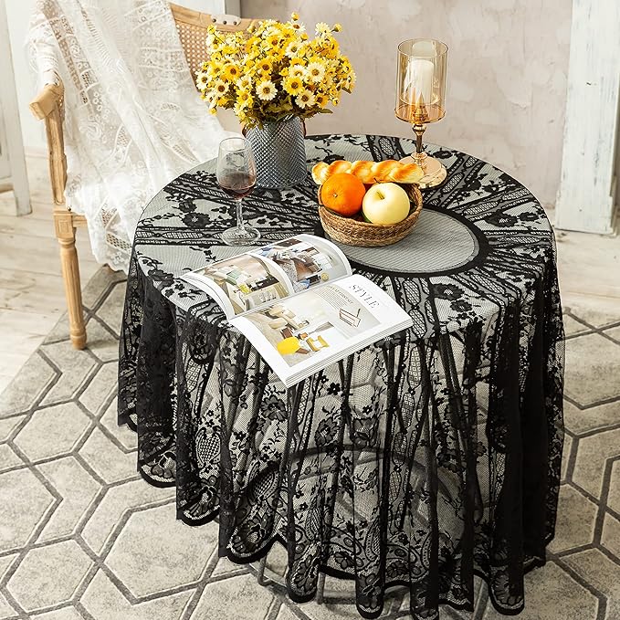 Gorgeous Round Lace Tablecloth,Vintage Floral Embroidered Table Cloths, Chic Round Table Cover for Wedding Banquet HolidayDinner Tables 60INCH (Black)