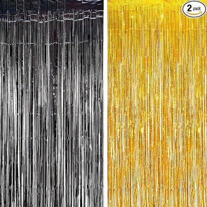 BRAVESHINE Black Gold Foil Fringe Curtain Backdrop - 2 Pack 3.2 x 8.2 ft Metallic Tinsel Photo Booth Streamers Curtains for 50th Birthdays Christmas New Years Anniversary Graduates Party Decorations