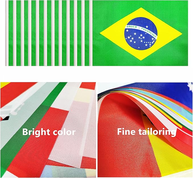 12 Pack Brazil Desk Flags Set, Brazilian Small Mini Table Office Flags with 12" Solid Black Pole, 8.2 x 5.5 Inches, Home and Office Decoration, Festival Celebrations