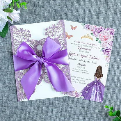 20 PCS 5.12x7.2 Butterfly Quinceanera Invitation, Laser Cut Wedding Invitation Cards with Envelopes for XV Anos Bridal Shower Baby Shower Invite (Purple Glitter)