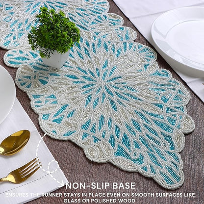 Handcrafted Beaded Table Runner – Elegant, Stain-Resistant Glass Bead & Polyester Glitz Accent for Farmhouse, Wedding, Bridal Shower, Dinner Table & Holiday Decor (Sky Blue White) - CLEENTABLE