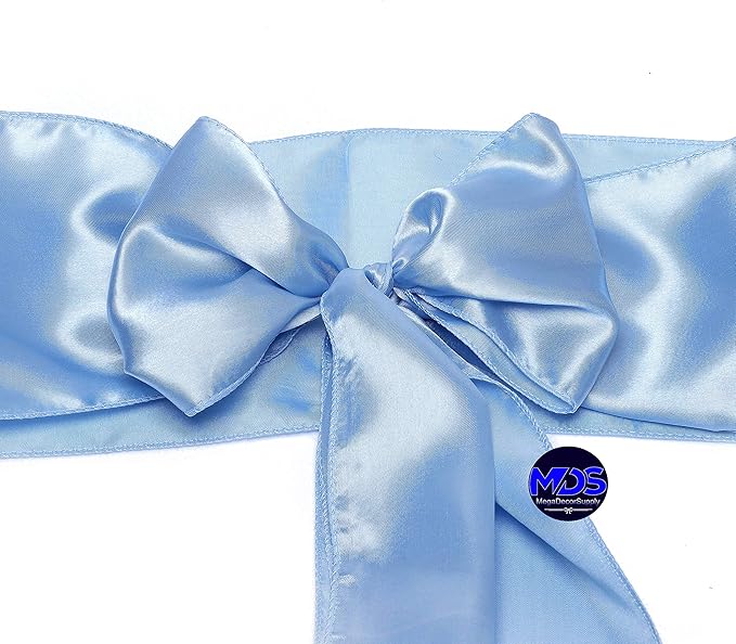 MDS Pack of 150 PCS Satin Chair Sashes Charmeuse Sateen Dining Chair Bows Ribbon Ties Back Sash for Wedding Party Birthday Home Hotel Restaurant Banquet Decoration (7 x 108 Inch, Baby Blue)