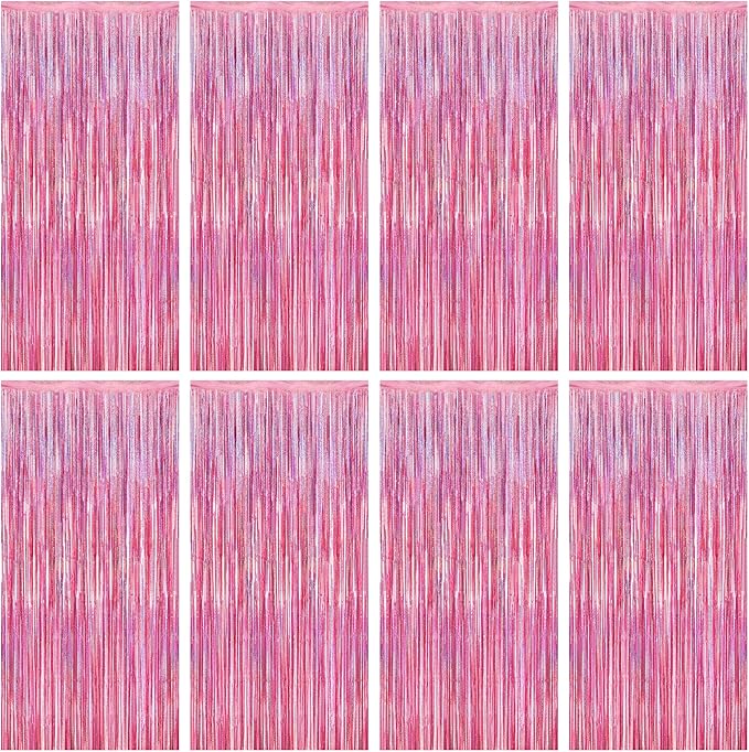 8 Pack Pink Backdrop, 3.28 FT x 7.05 FT Fringe Curtains, Metallic Glitter Pink Fringe Party Streamer Foil Curtains Tinsel Backdrop, Pink Decorations Bachelorette Party Supplies Birthday Decor