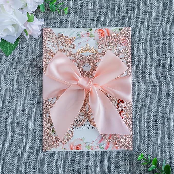 20 PCS 5.12x7.2 Butterfly Quinceanera Invitation, Laser Cut Wedding Invitation Cards with Envelopes for XV Anos Bridal Shower Baby Shower Invite (Rose Gold Glitter)