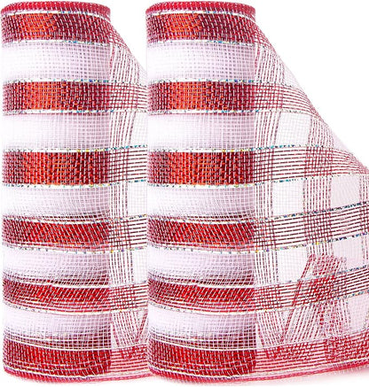 Ribbli 2 Rolls Red and White Stripe Metallic Mesh Ribbon,10 inch x 30 feet(10Yard),Metallic Red & White Stripe with Iridescent Silver Foil,Valentine's Day Ribbon for Wreath and Decorating
