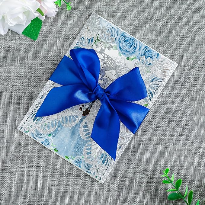 20 PCS 5.12x7.2 Butterfly Personalized Quinceanera Invitation, Customized XV Anos Laser Cut Invitation Cards with Envelopes (Silver Glitter Personalized)