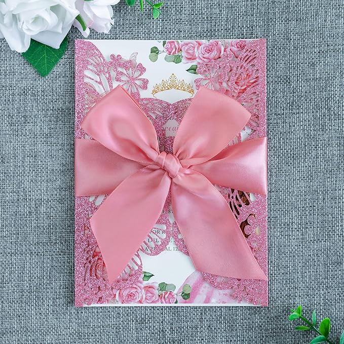 20 PCS 5.12x7.2 Butterfly Quinceanera Invitation, Laser Cut Wedding Invitation Cards with Envelopes for XV Anos Bridal Shower Baby Shower Invite (Pink Glitter)