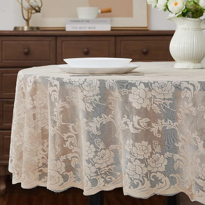 LinenZone Small Linen Round Tablecloth for Rustic Vintage Decor. Sheer Lace Table Cloth Works Great As Wedding Tablecloth or Thanksgiving Table Cover. (Mia 36 Round, Linen)