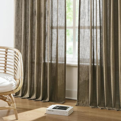 Vision Home Brown Pinch Pleated Semi Sheer Curtains Textured Linen Blended Light Filtering Window Curtains 72 inch for Living Room Bedroom Pinch Pleat Drapes with Hooks 2 Panels 40" Wx72 L