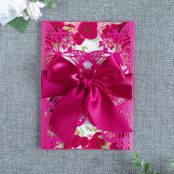20 PCS 5.12x7.2 Butterfly Quinceanera Invitation, Laser Cut Wedding Invitation Cards with Envelopes for XV Anos Bridal Shower Baby Shower Invite (Fuchsia)