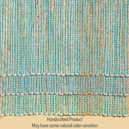 Chardin home Natural Jute Table Runner 13x108 Inch – Vintage Boho Rustic Table Decor – Handwoven Long Table Runner in Natural Jute and Aqua Turquoise – Farmhouse Dining or Console Table Accent