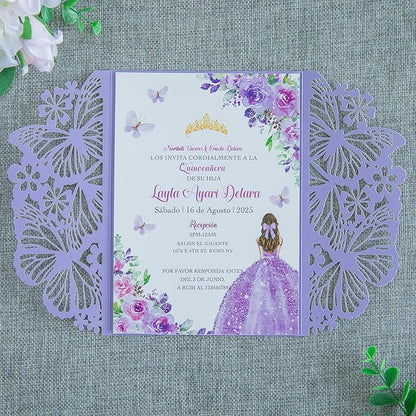 20 PCS 5.12x7.2 Butterfly Personalized Quinceanera Invitation, Customized XV Anos Laser Cut Invitation Cards with Envelopes (Violet Personalized)