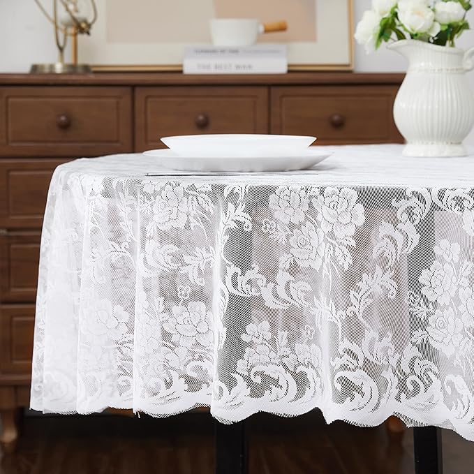 LinenZone Extra Large White Round Tablecloth for Rustic Vintage Decor. Sheer Lace Table Cloth Works Great As Wedding Tablecloth or Thanksgiving Table Cover. (Mia 120 Round, White)