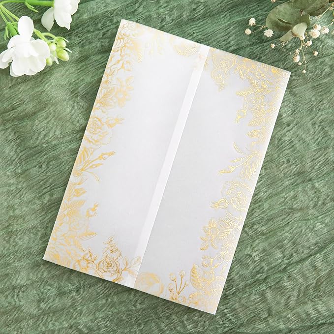 PONATIA 50 PCS Vellum Jackets for 5x7 Invitations- 135gsm Gold Foil Print Floral Printed Vellum Sleeves, Quinceanera Wedding Invitation Cards Wraps, Transparent Christmas Gift Cards Jackets