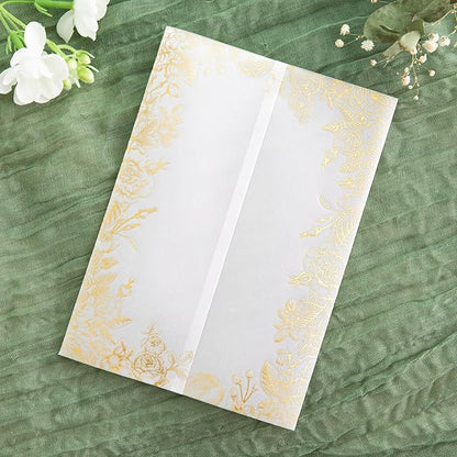PONATIA 50 PCS Vellum Jackets for 5x7 Invitations- 135gsm Gold Foil Print Floral Printed Vellum Sleeves, Quinceanera Wedding Invitation Cards Wraps, Transparent Christmas Gift Cards Jackets