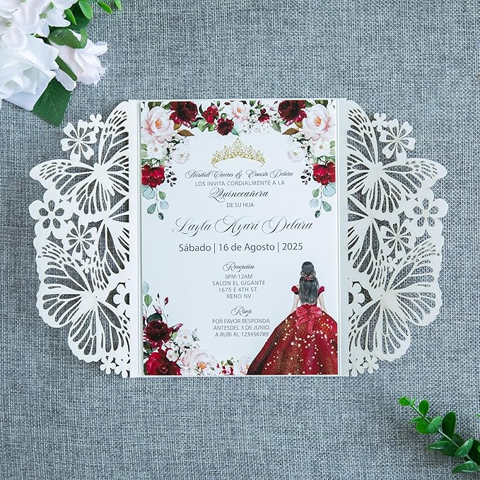 20 PCS 5.12x7.2 Butterfly Quinceanera Invitation, Laser Cut Wedding Invitation Cards with Envelopes for XV Anos Bridal Shower Baby Shower Invite (Light Gold)