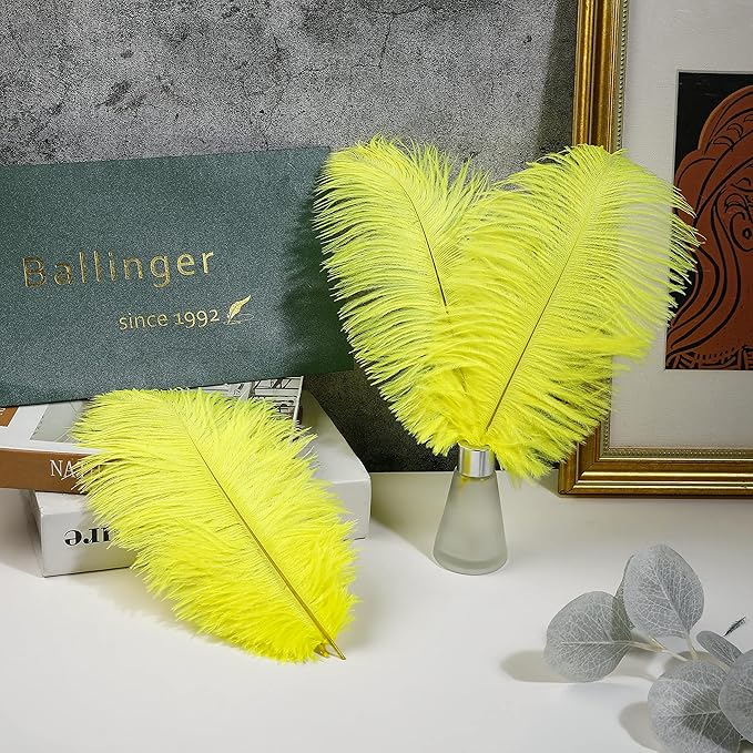 Ballinger Fluorescent Yellow Ostrich Feathers - 24Pcs 10-12inch Feathers Bulk for Vase, Party Centerpieces, Mardi Gras Decorations and Home Decor