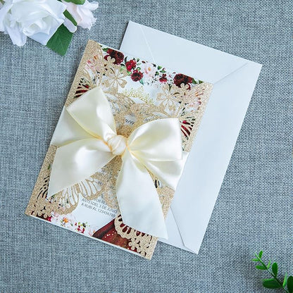 20 PCS 5.12x7.2 Butterfly Personalized Quinceanera Invitation, Customized XV Anos Laser Cut Invitation Cards with Envelopes (20 PCS Light Gold Personalized)