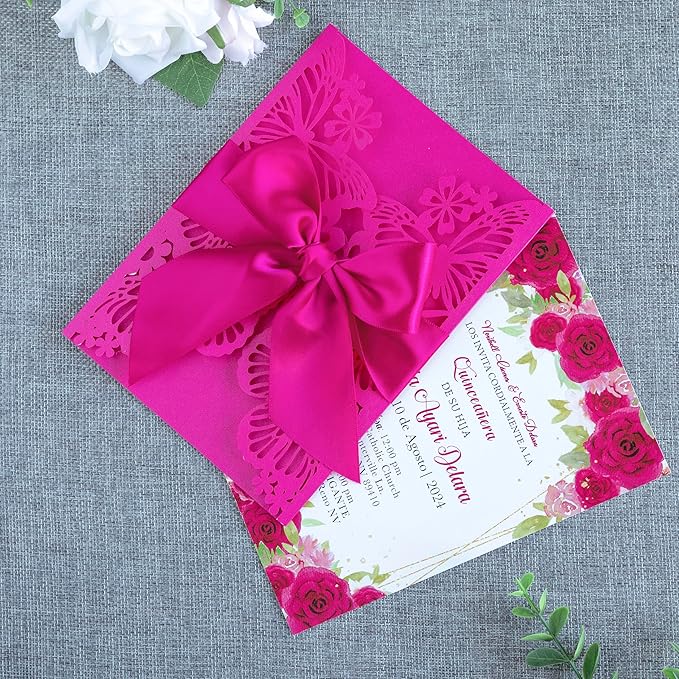 20 PCS 5.12x7.2 Butterfly Quinceanera Invitation, Laser Cut Wedding Invitation Cards with Envelopes for XV Anos Bridal Shower Baby Shower Invite (Fuchsia)