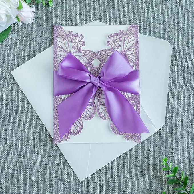 20 PCS 5.12x7.2 Butterfly Quinceanera Invitation, Laser Cut Wedding Invitation Cards with Envelopes for XV Anos Bridal Shower Baby Shower Invite (Purple Glitter)